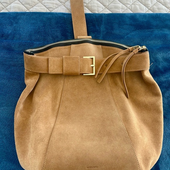 All Saints Handbags - AllSaints Tan Suede Belt-Accent Shoulder Bag